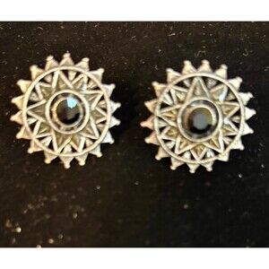 Vintage Tribal Sunburst Stud Earrings Silver Tone Black Center Pierced